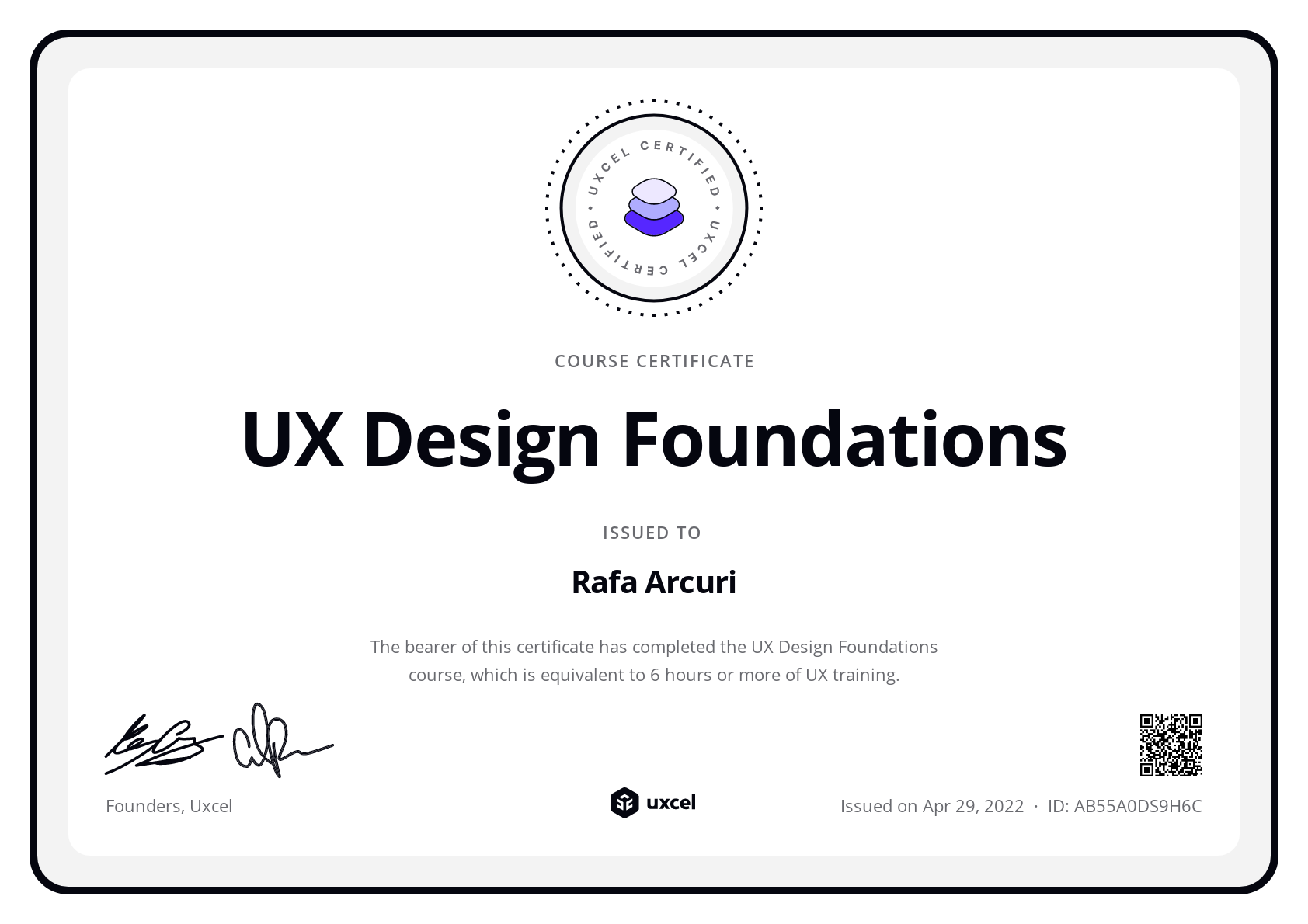 Rafa Arcuri's certificate